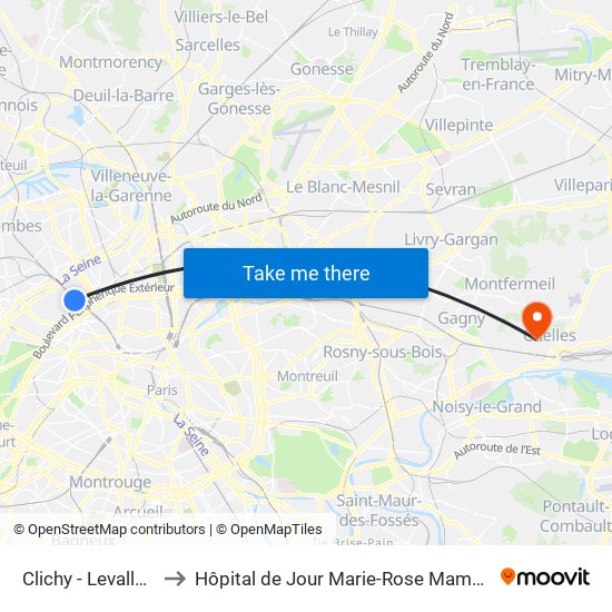 Clichy - Levallois to Hôpital de Jour Marie-Rose Mamelet map