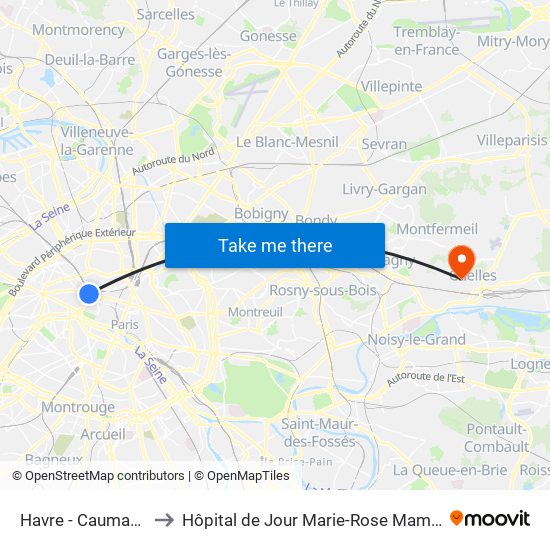 Havre - Caumartin to Hôpital de Jour Marie-Rose Mamelet map