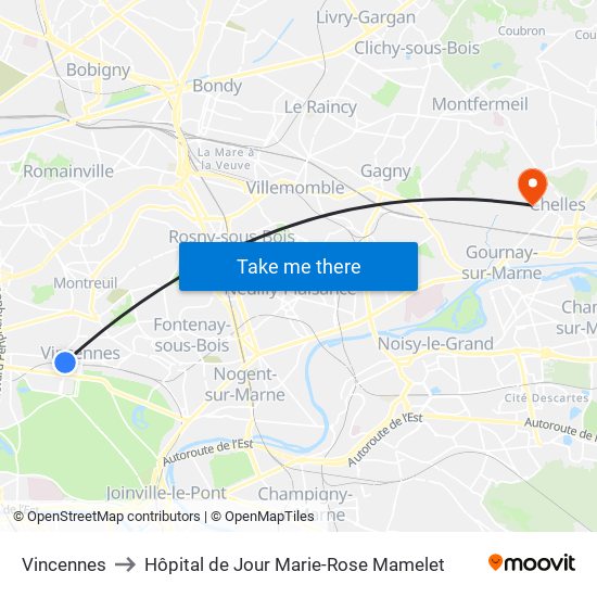 Vincennes to Hôpital de Jour Marie-Rose Mamelet map