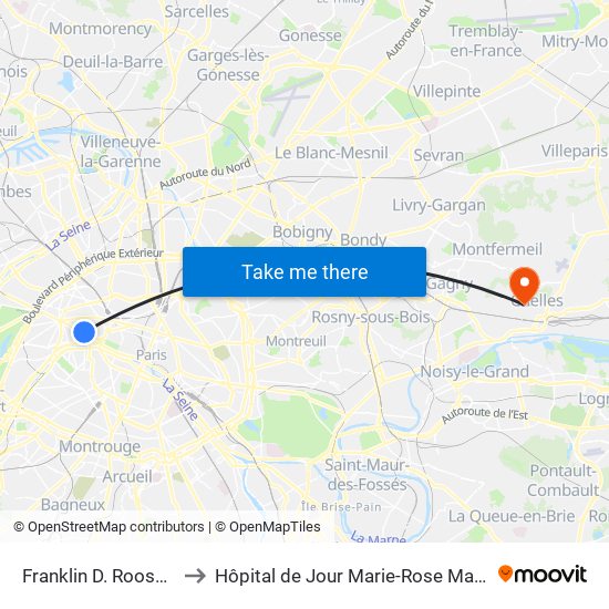 Franklin D. Roosevelt to Hôpital de Jour Marie-Rose Mamelet map