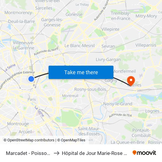 Marcadet - Poissonniers to Hôpital de Jour Marie-Rose Mamelet map