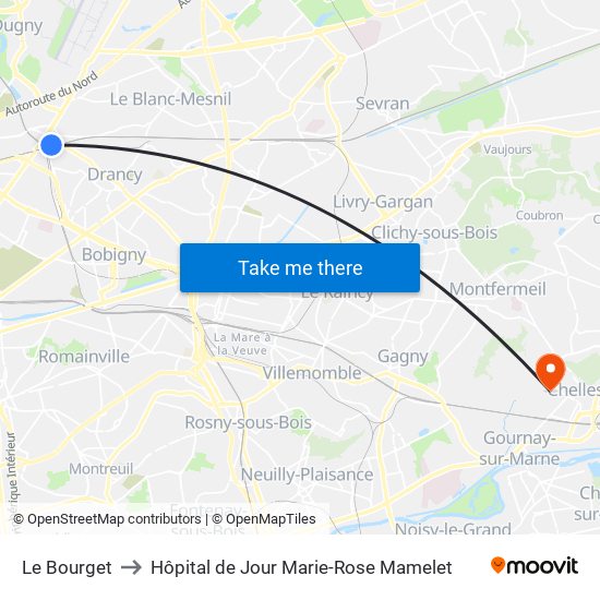 Le Bourget to Hôpital de Jour Marie-Rose Mamelet map