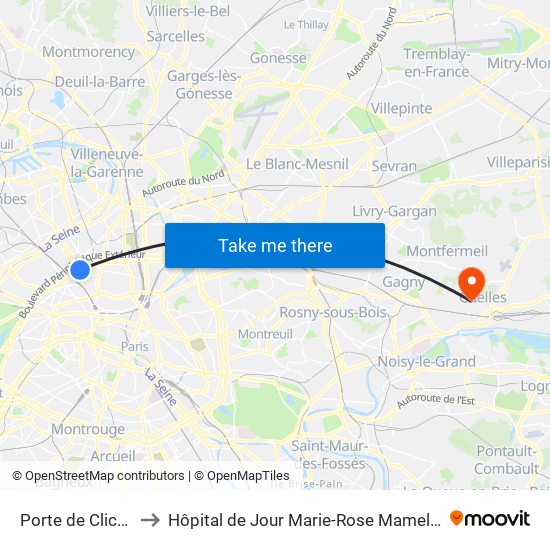 Porte de Clichy to Hôpital de Jour Marie-Rose Mamelet map