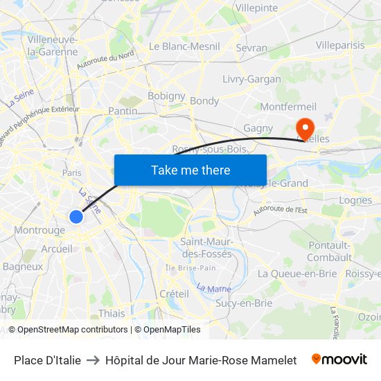Place D'Italie to Hôpital de Jour Marie-Rose Mamelet map
