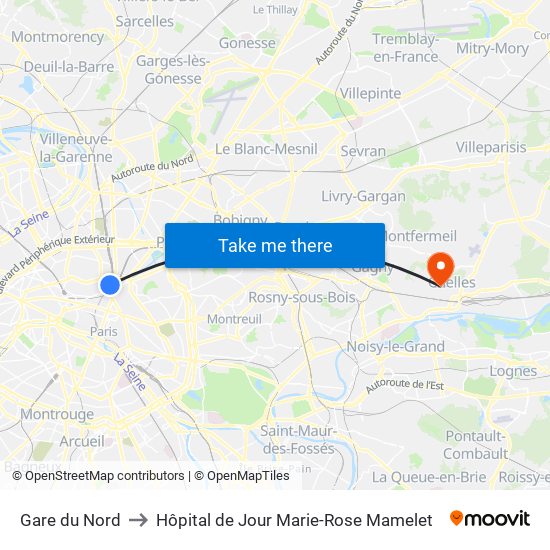 Gare du Nord to Hôpital de Jour Marie-Rose Mamelet map