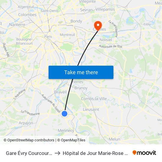 Gare Évry Courcouronnes to Hôpital de Jour Marie-Rose Mamelet map