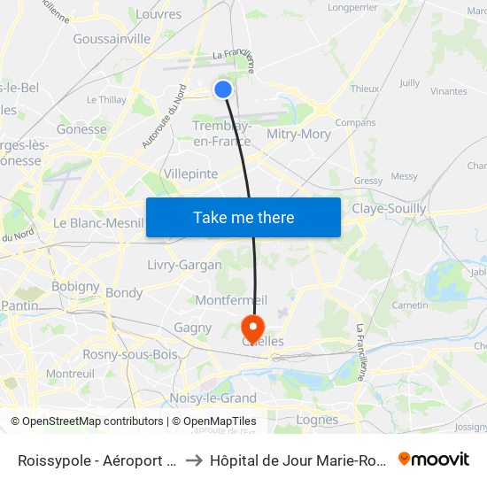 Roissypole - Aéroport Cdg1 (E2) to Hôpital de Jour Marie-Rose Mamelet map