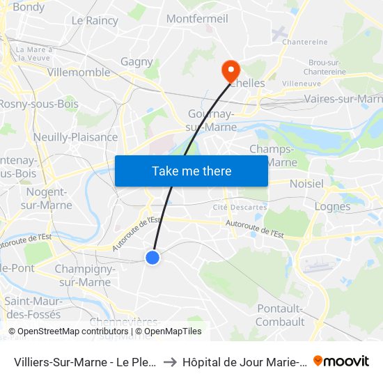 Villiers-Sur-Marne - Le Plessis-Trévise RER to Hôpital de Jour Marie-Rose Mamelet map