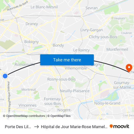 Porte Des Lilas to Hôpital de Jour Marie-Rose Mamelet map
