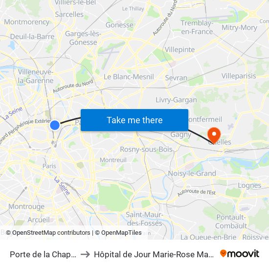 Porte de la Chapelle to Hôpital de Jour Marie-Rose Mamelet map