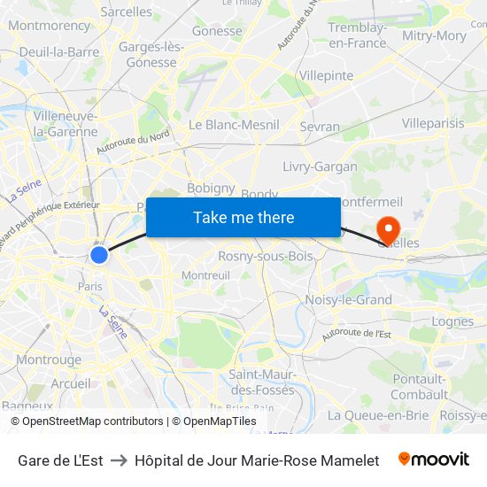 Gare de L'Est to Hôpital de Jour Marie-Rose Mamelet map