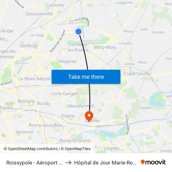Roissypole - Aéroport Cdg1 (D1) to Hôpital de Jour Marie-Rose Mamelet map