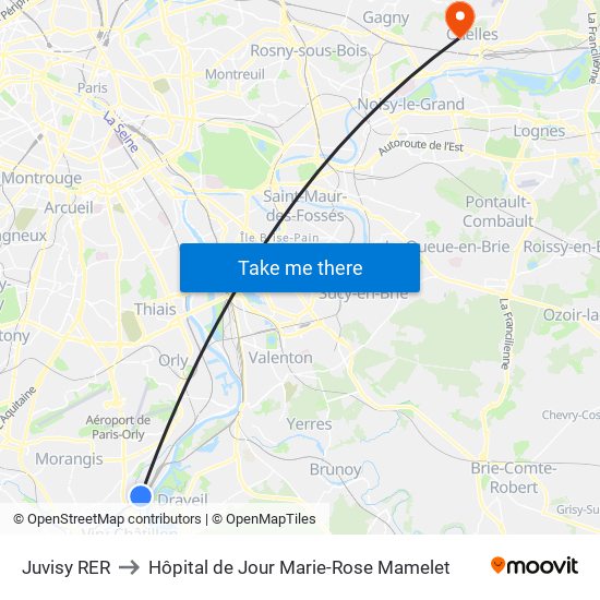 Juvisy RER to Hôpital de Jour Marie-Rose Mamelet map