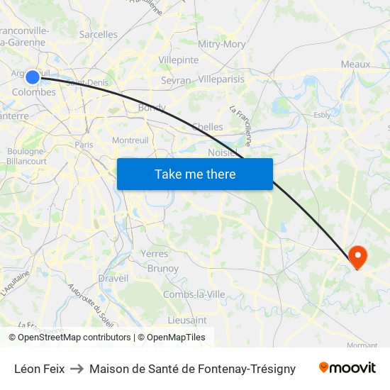 Léon Feix to Maison de Santé de Fontenay-Trésigny map