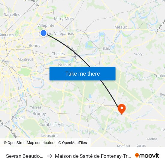 Sevran Beaudottes to Maison de Santé de Fontenay-Trésigny map