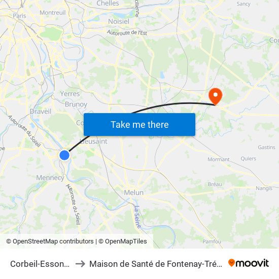 Corbeil-Essonnes to Maison de Santé de Fontenay-Trésigny map