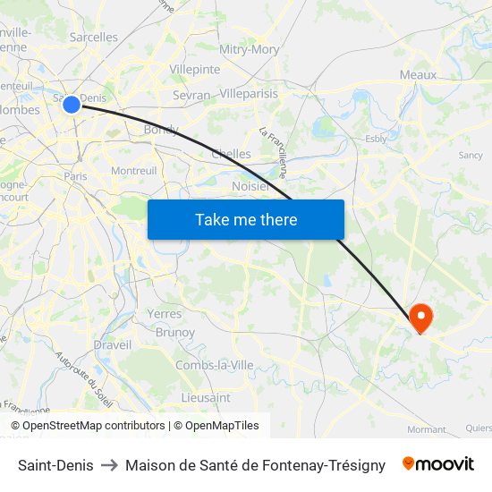 Saint-Denis to Maison de Santé de Fontenay-Trésigny map