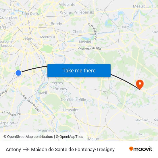 Antony to Maison de Santé de Fontenay-Trésigny map