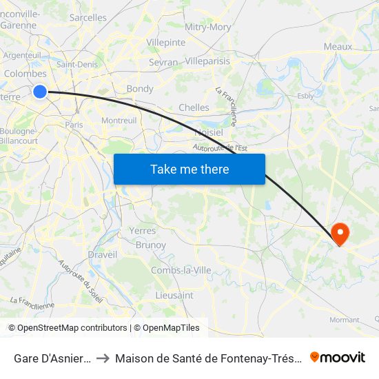 Gare D'Asnieres to Maison de Santé de Fontenay-Trésigny map
