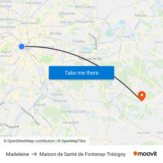 Madeleine to Maison de Santé de Fontenay-Trésigny map