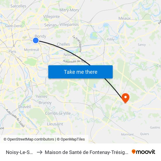 Noisy-Le-Sec to Maison de Santé de Fontenay-Trésigny map