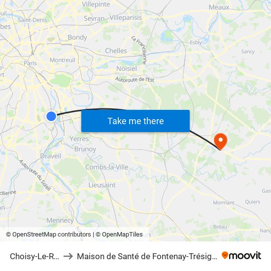 Choisy-Le-Roi to Maison de Santé de Fontenay-Trésigny map
