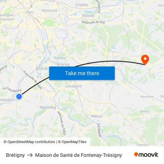 Brétigny to Maison de Santé de Fontenay-Trésigny map