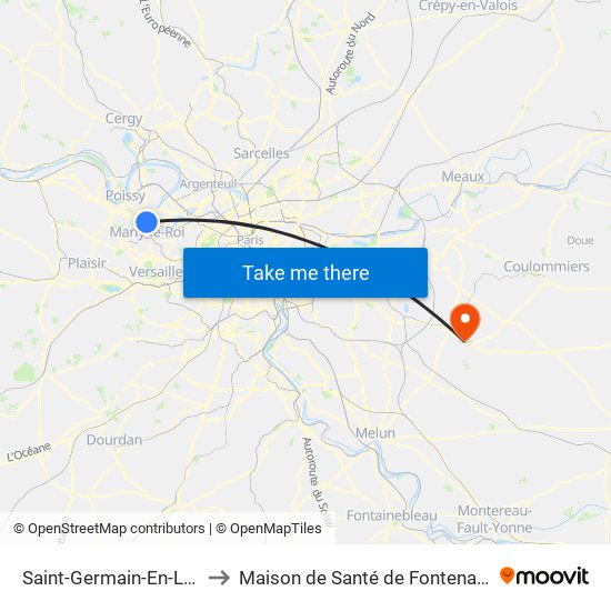 Saint-Germain-En-Laye RER to Maison de Santé de Fontenay-Trésigny map