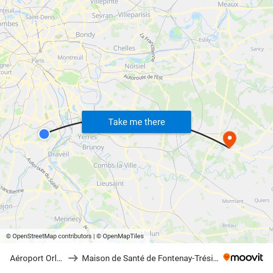 Aéroport Orly 4 to Maison de Santé de Fontenay-Trésigny map