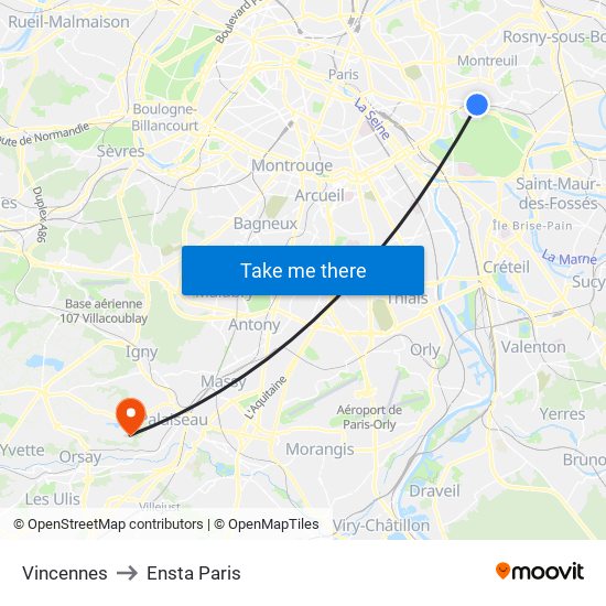 Vincennes to Ensta Paris map