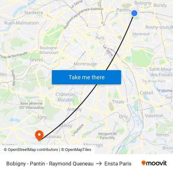 Bobigny - Pantin - Raymond Queneau to Ensta Paris map