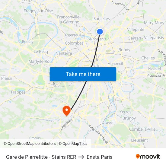 Gare de Pierrefitte - Stains RER to Ensta Paris map