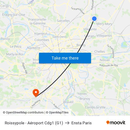 Roissypole - Aéroport Cdg1 (G1) to Ensta Paris map