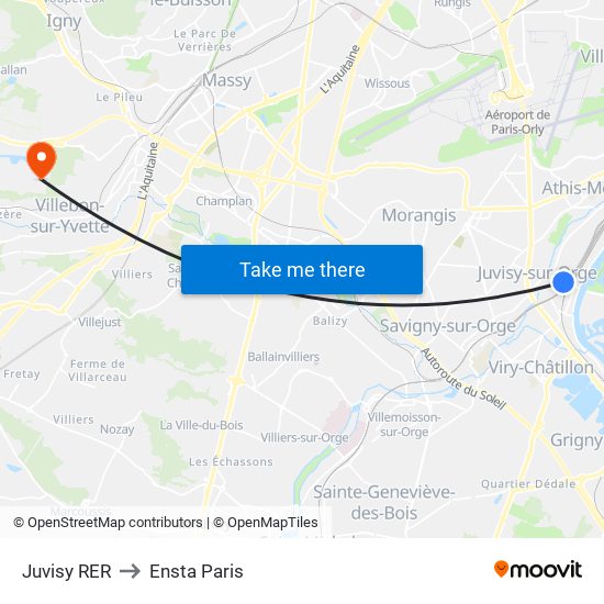 Juvisy RER to Ensta Paris map