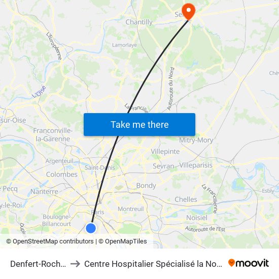 Denfert-Rochereau to Centre Hospitalier Spécialisé la Nouvelle Forge map