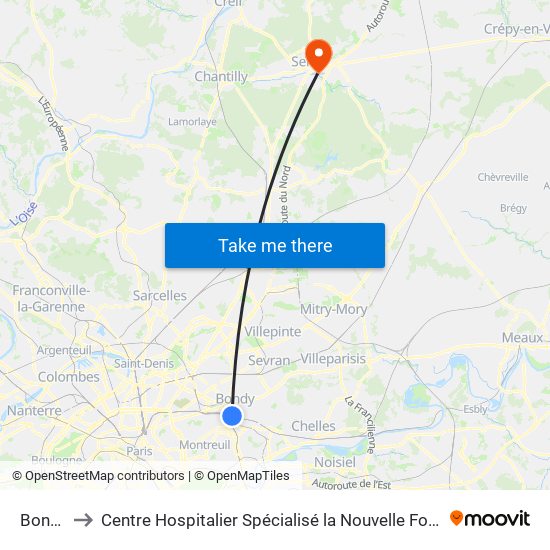 Bondy to Centre Hospitalier Spécialisé la Nouvelle Forge map