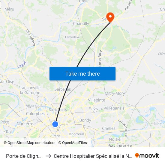 Porte de Clignancourt to Centre Hospitalier Spécialisé la Nouvelle Forge map