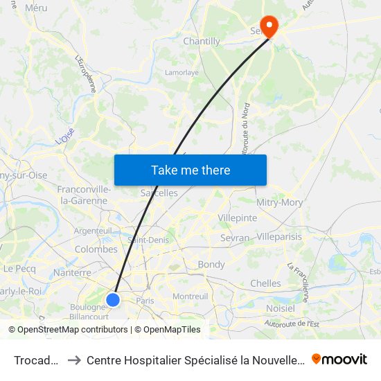 Trocadéro to Centre Hospitalier Spécialisé la Nouvelle Forge map