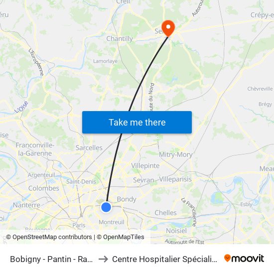 Bobigny - Pantin - Raymond Queneau to Centre Hospitalier Spécialisé la Nouvelle Forge map