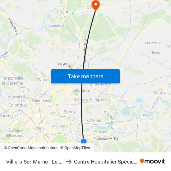 Villiers-Sur-Marne - Le Plessis-Trévise RER to Centre Hospitalier Spécialisé la Nouvelle Forge map