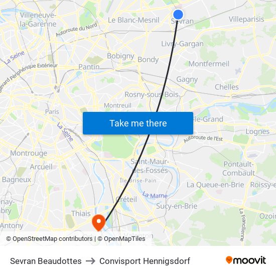 Sevran Beaudottes to Convisport Hennigsdorf map