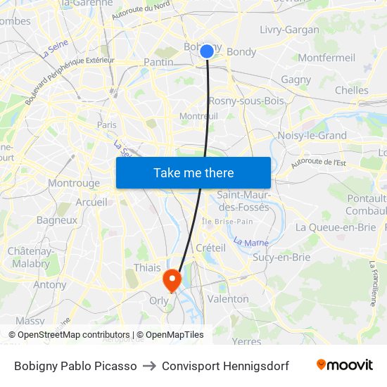 Bobigny Pablo Picasso to Convisport Hennigsdorf map
