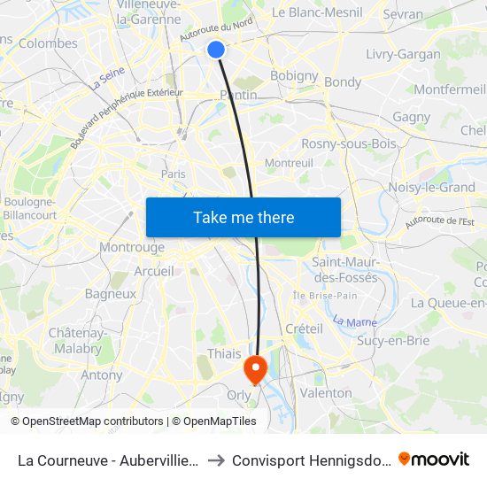 La Courneuve - Aubervilliers to Convisport Hennigsdorf map
