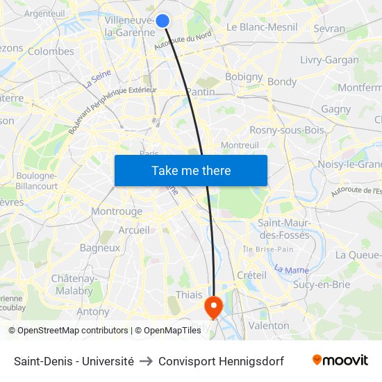 Saint-Denis - Université to Convisport Hennigsdorf map