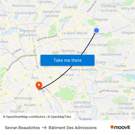 Sevran Beaudottes to Bâtiment Des Admissions map