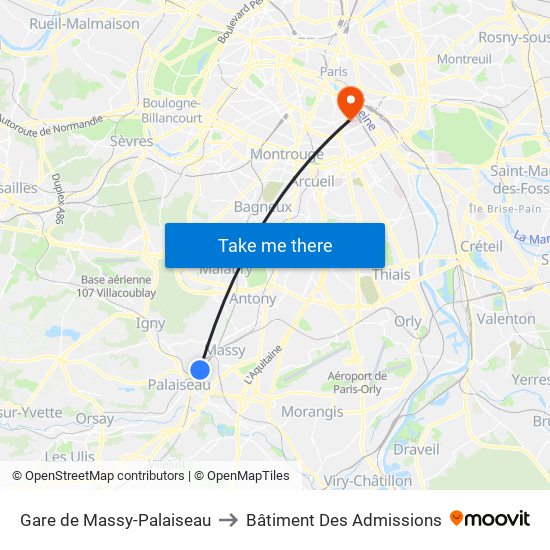 Gare de Massy-Palaiseau to Bâtiment Des Admissions map