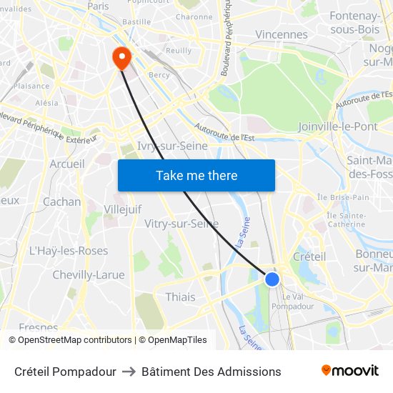 Créteil Pompadour to Bâtiment Des Admissions map
