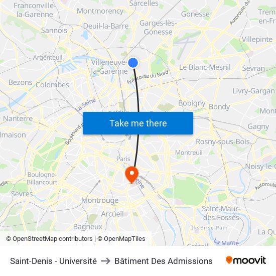 Saint-Denis - Université to Bâtiment Des Admissions map