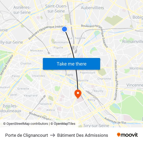Porte de Clignancourt to Bâtiment Des Admissions map
