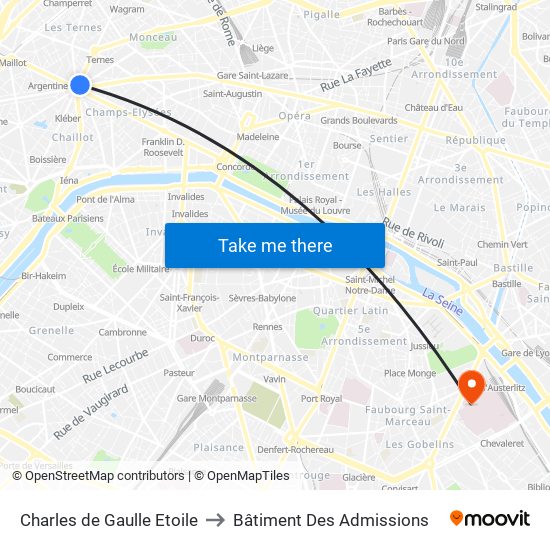 Charles de Gaulle Etoile to Bâtiment Des Admissions map